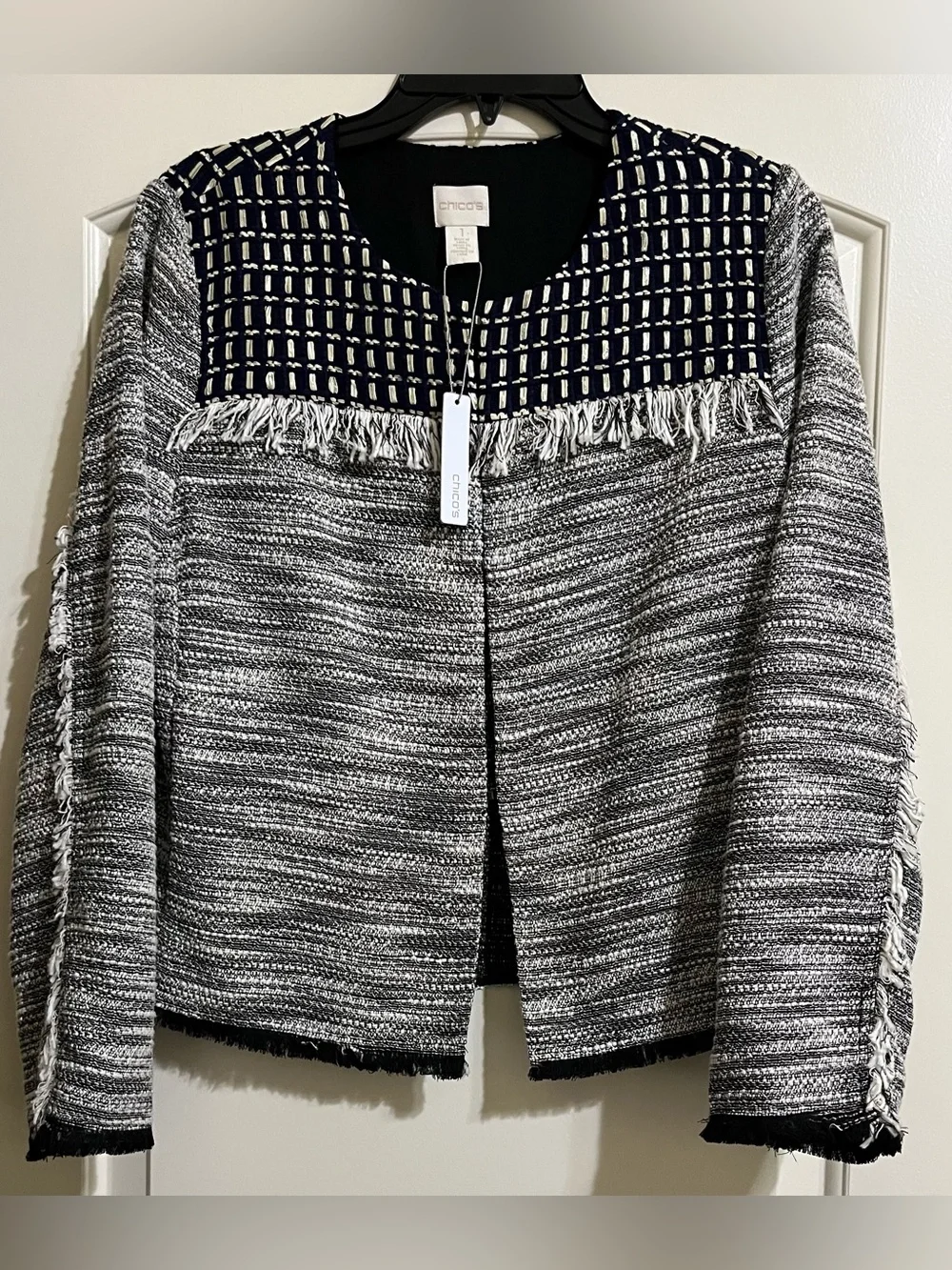 NEW Chico's Novelty Tweed Black White Blue Fringe Blazer Jacket Size Medium